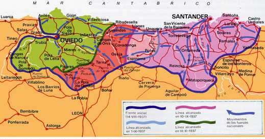 Mapa de operaciones sobre Santander y Asturias en el otoño de 1937